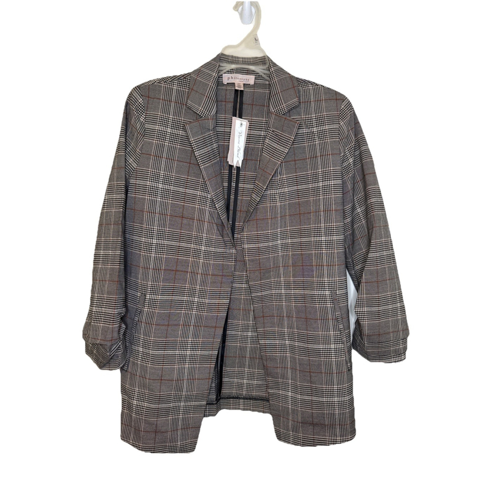 NWT Philosophy Republic Womens Plaid Blazer Small Casual Work Open Front Neutral